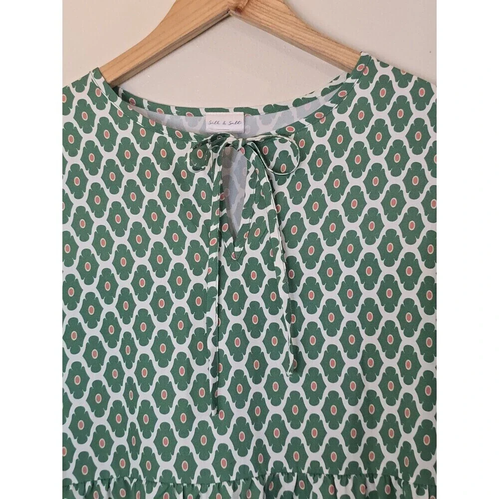 Silk & Salt Midi Dress Womens M Green Boho Tiered Peasant 3/4 Sleeve - Picture 6 of 14